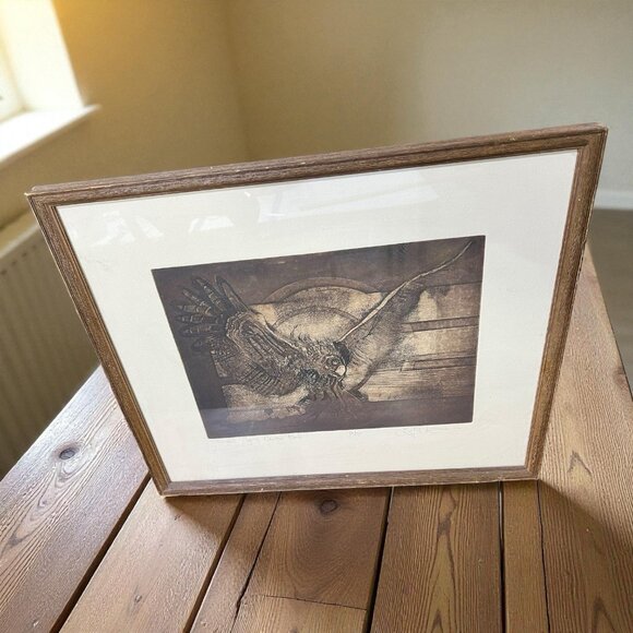 Vintage Artists Proof Etching “Night flight Owly Bird” Signed JR K- 1970’s-80’s - Picture 2 of 10